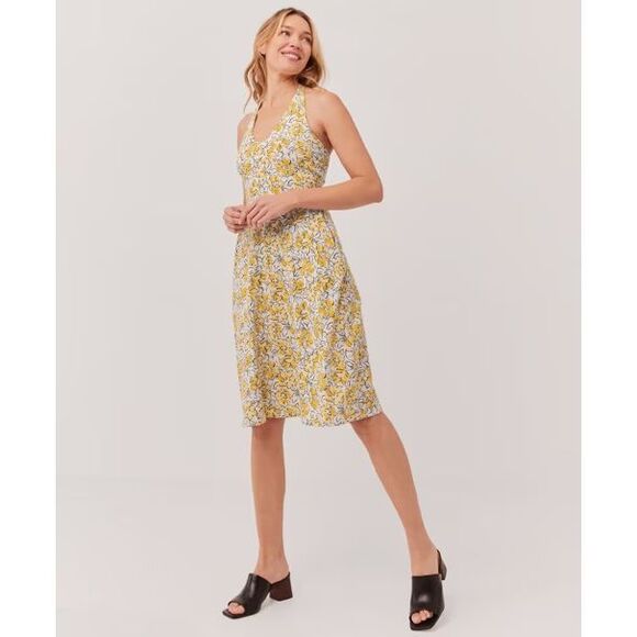 Pact Organic Cotton Fit Flare Halter Dress Reverie Yellow Floral Size Small - Picture 1 of 9